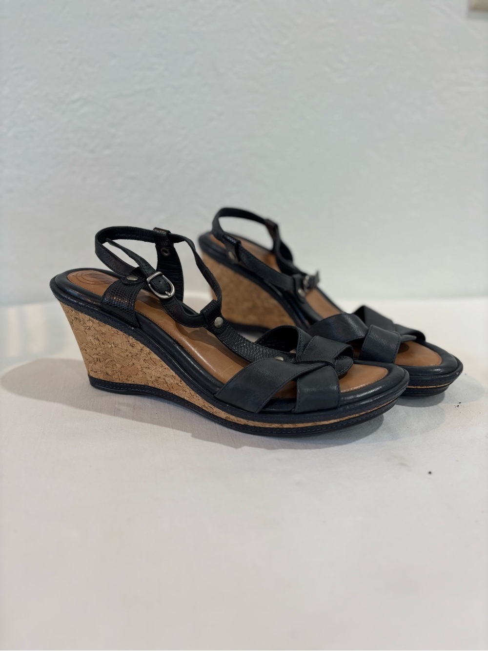 Nurture “Hawkins” Navy Leather Cork Wedge Sandal